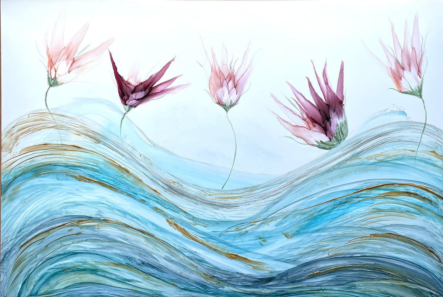 Ethereal Waves | Large floral alcohol ink artwork with waves and pink and purple flowers.