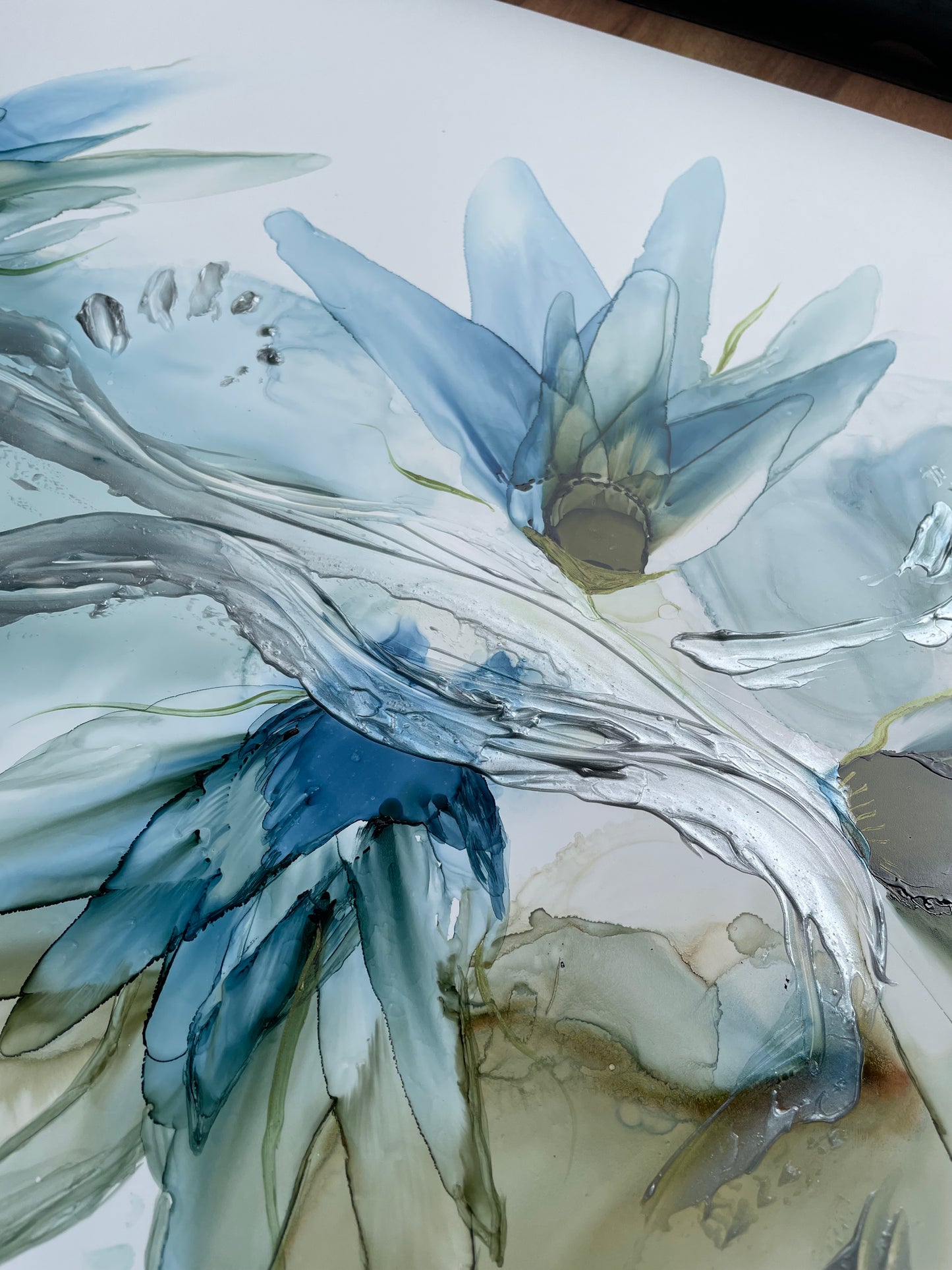 In The Gentle Breeze | large abstract artwork in blue, silver and green