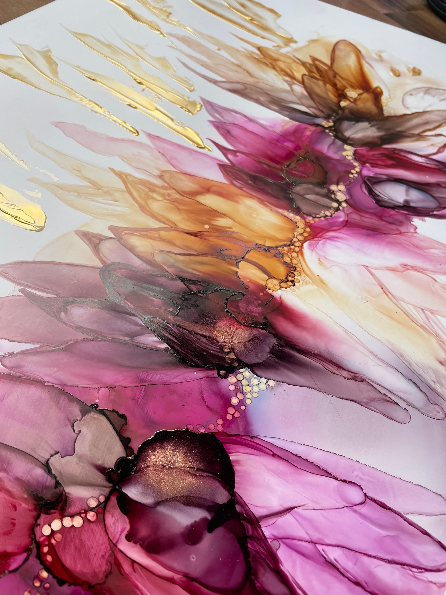 Glorious I Large floral textured abstract artwork in pink, purple and gold.