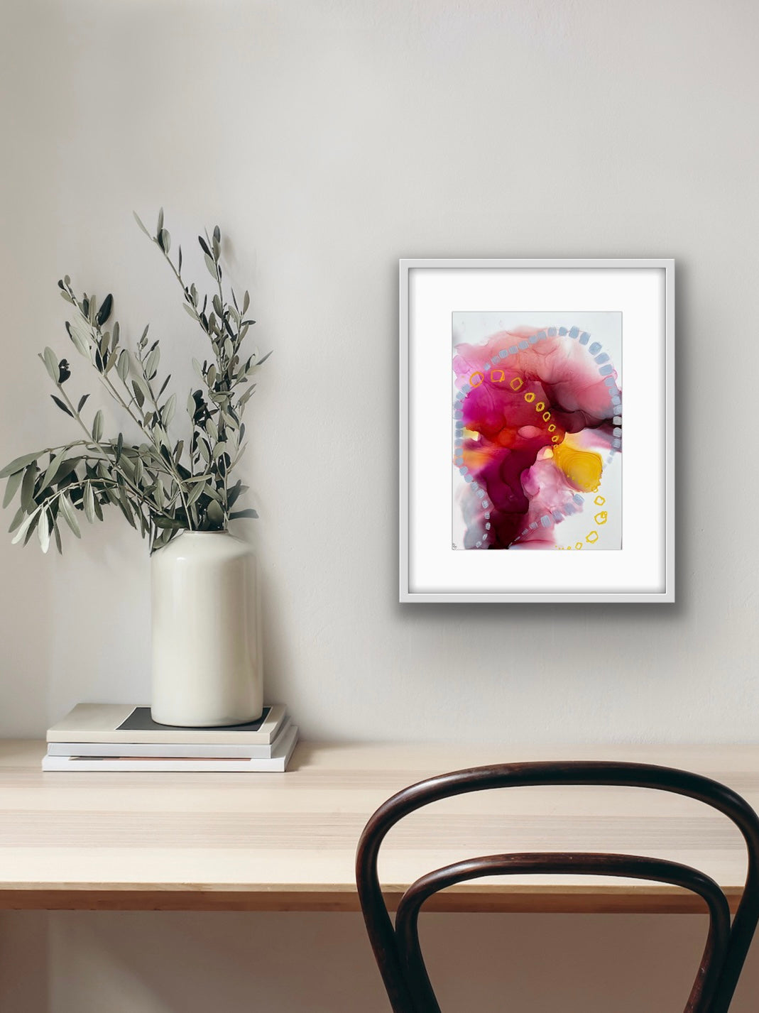 On a pink cloud - original abstract painting in red, pink and yellow.