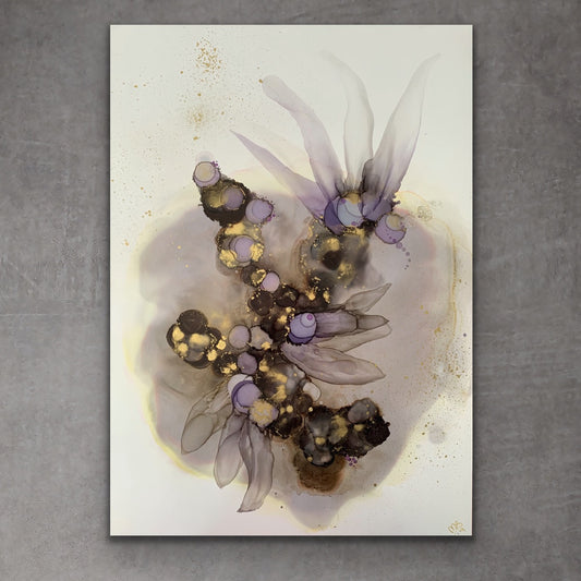 'Dancing in the Shadows II', large alcohol ink painting with flowers. Floral abstract art in black, gold and purple. - Aesthetic Alchemy Art