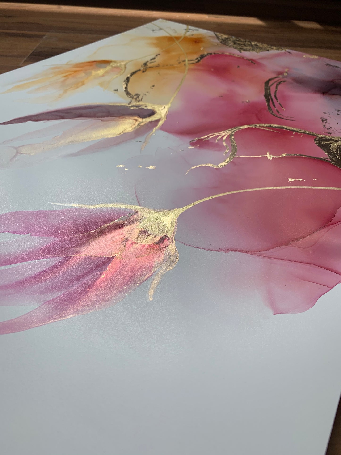 The Golden Hour - original floral alcohol ink painting with gold leaf.