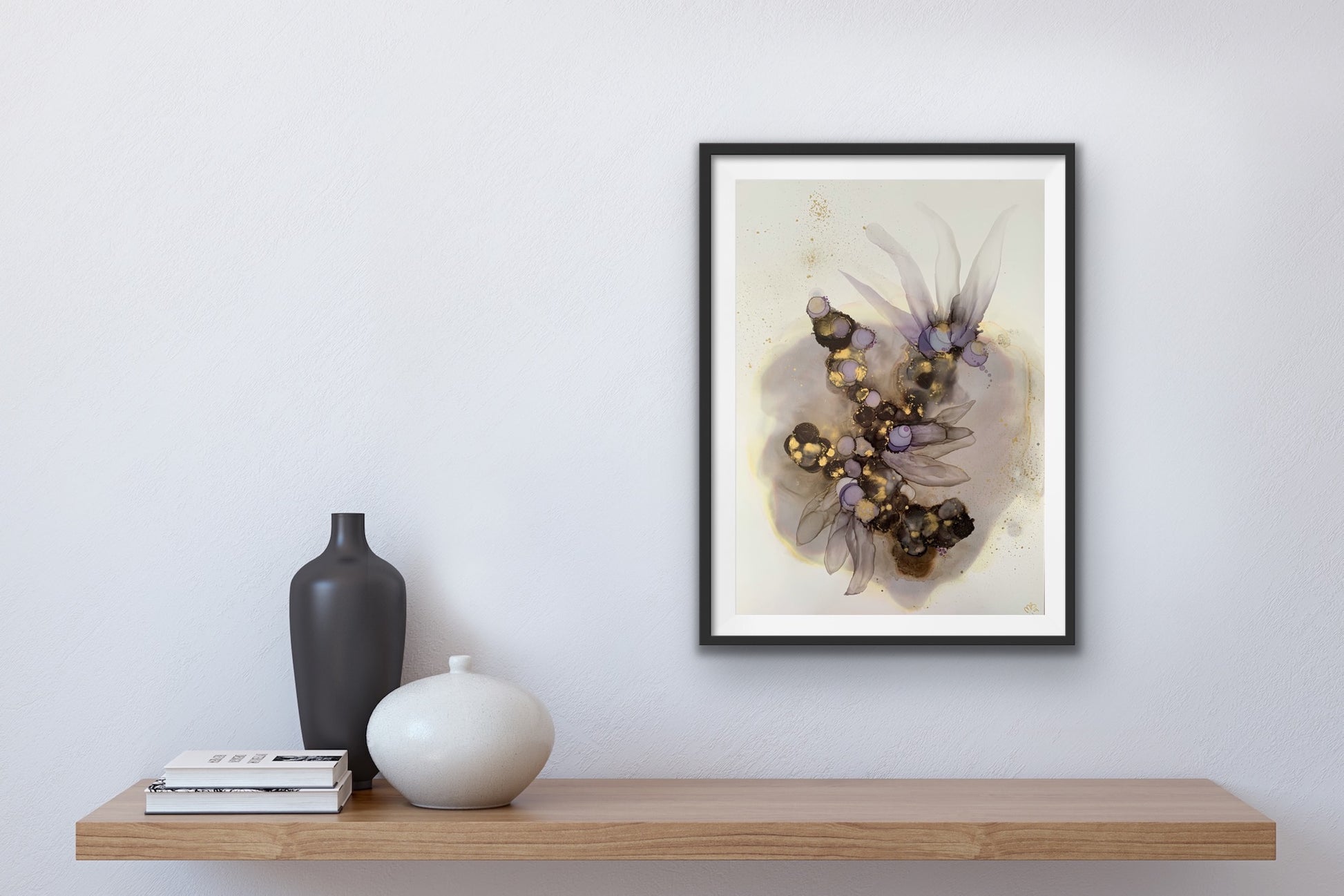 'Dancing in the Shadows II', large alcohol ink painting with flowers. Floral abstract art in black, gold and purple. - Aesthetic Alchemy Art