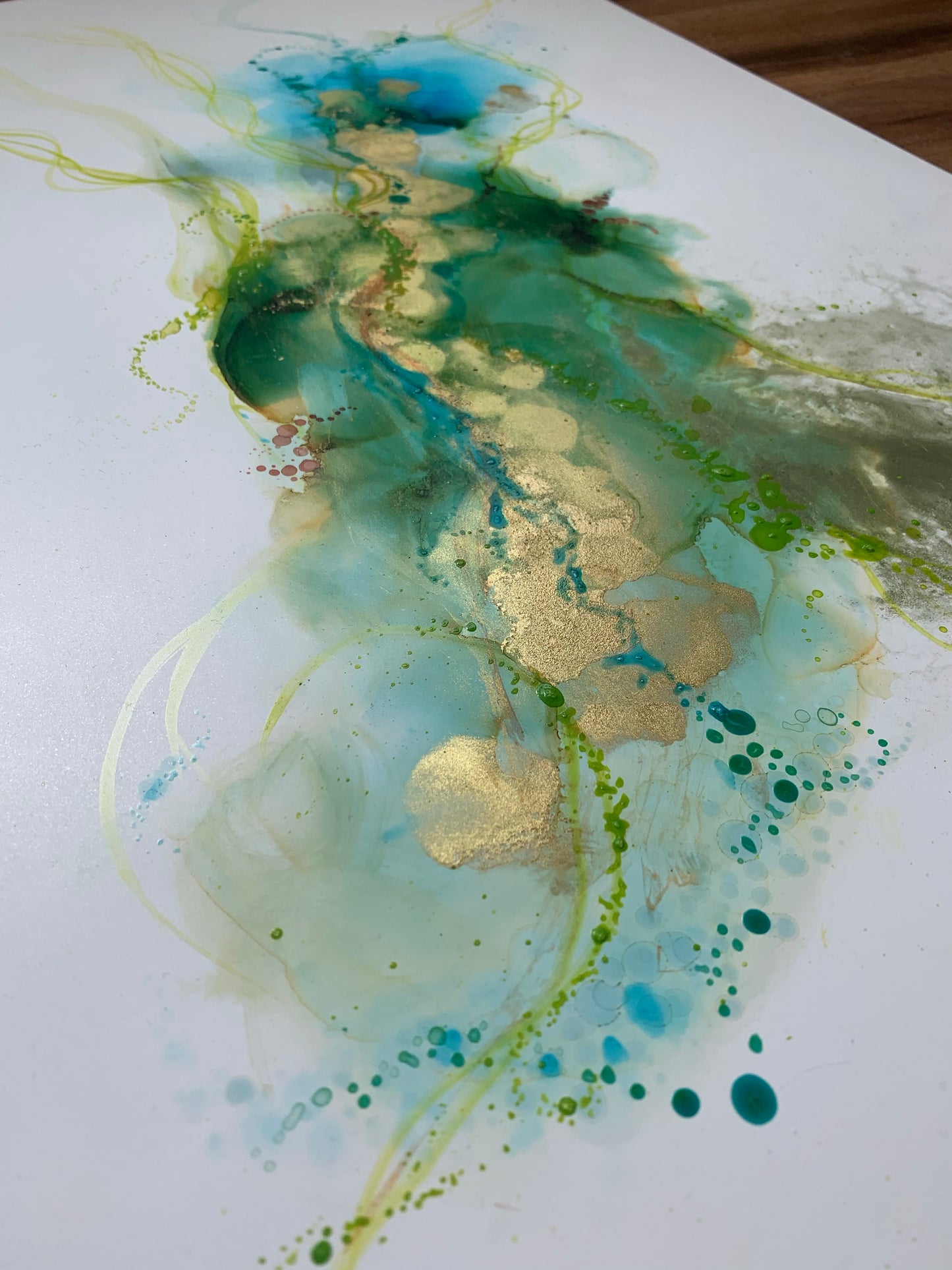 The Estuary - Original abstract painting in blues, green and gold.