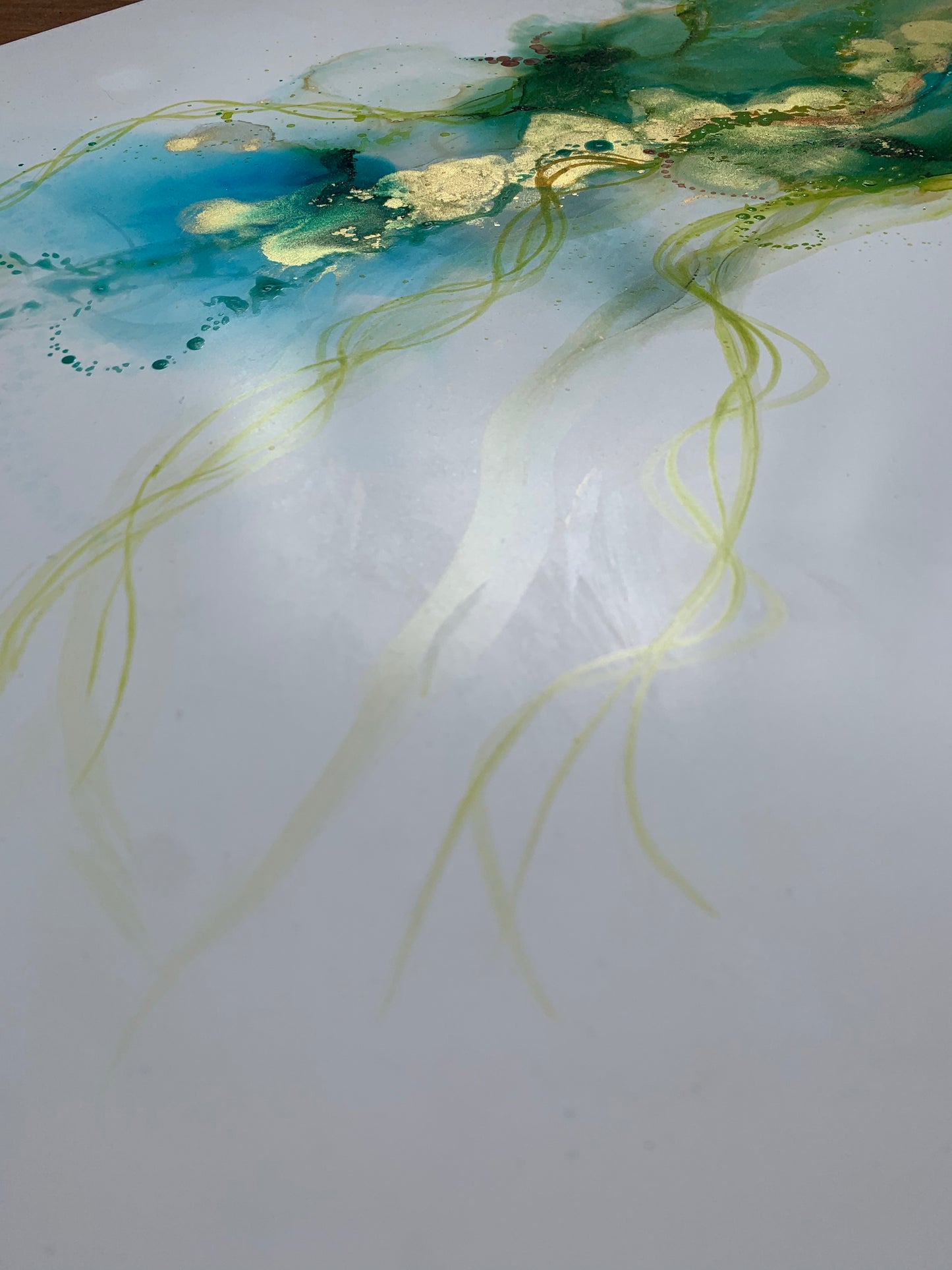 The Estuary - Original abstract painting in blues, green and gold.