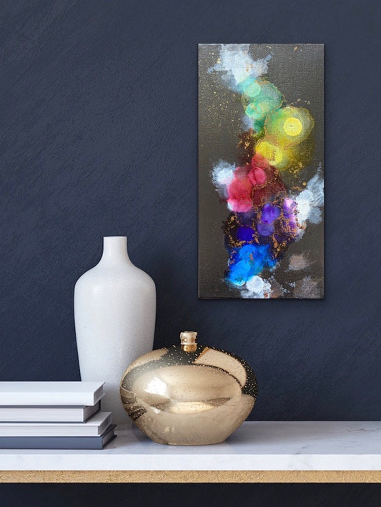 Abstract alcohol ink painting with gold. Mini painting on canvas. Original art for sale by artist. Original wall art.