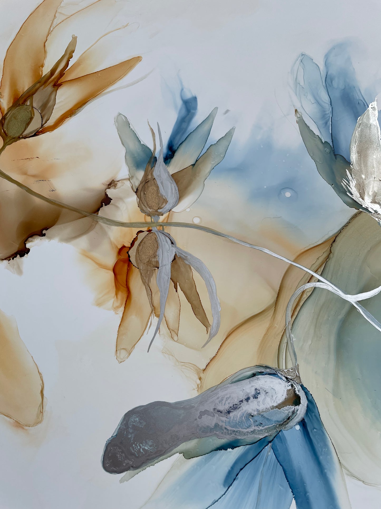 Fire and Ice - Original floral alcohol ink flowers in copper and blue.