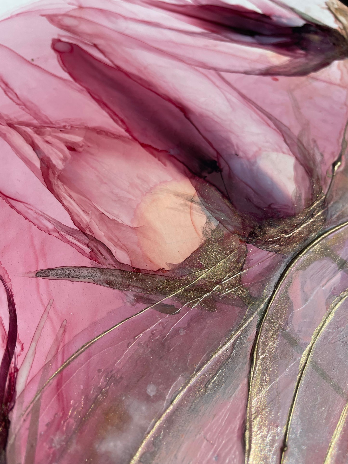 Veiled, original abstract floral art in pink and gold.