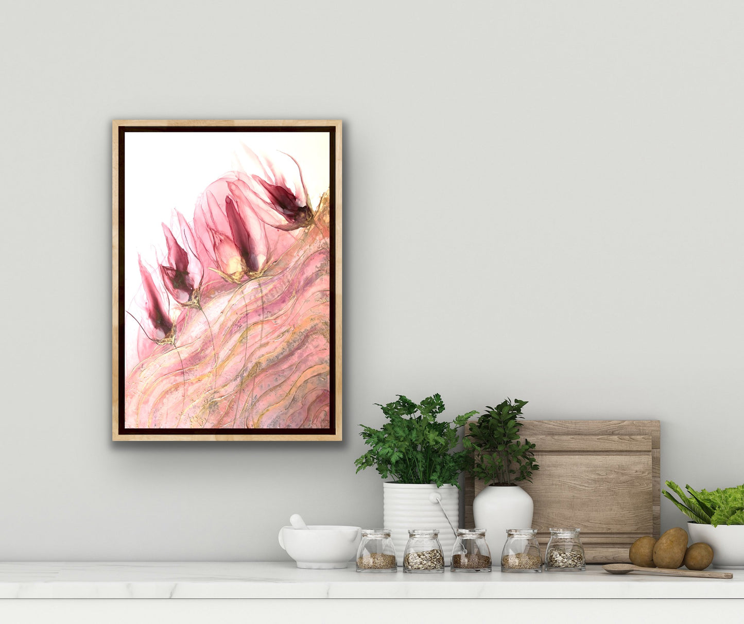 Veiled, original abstract floral art in pink and gold.