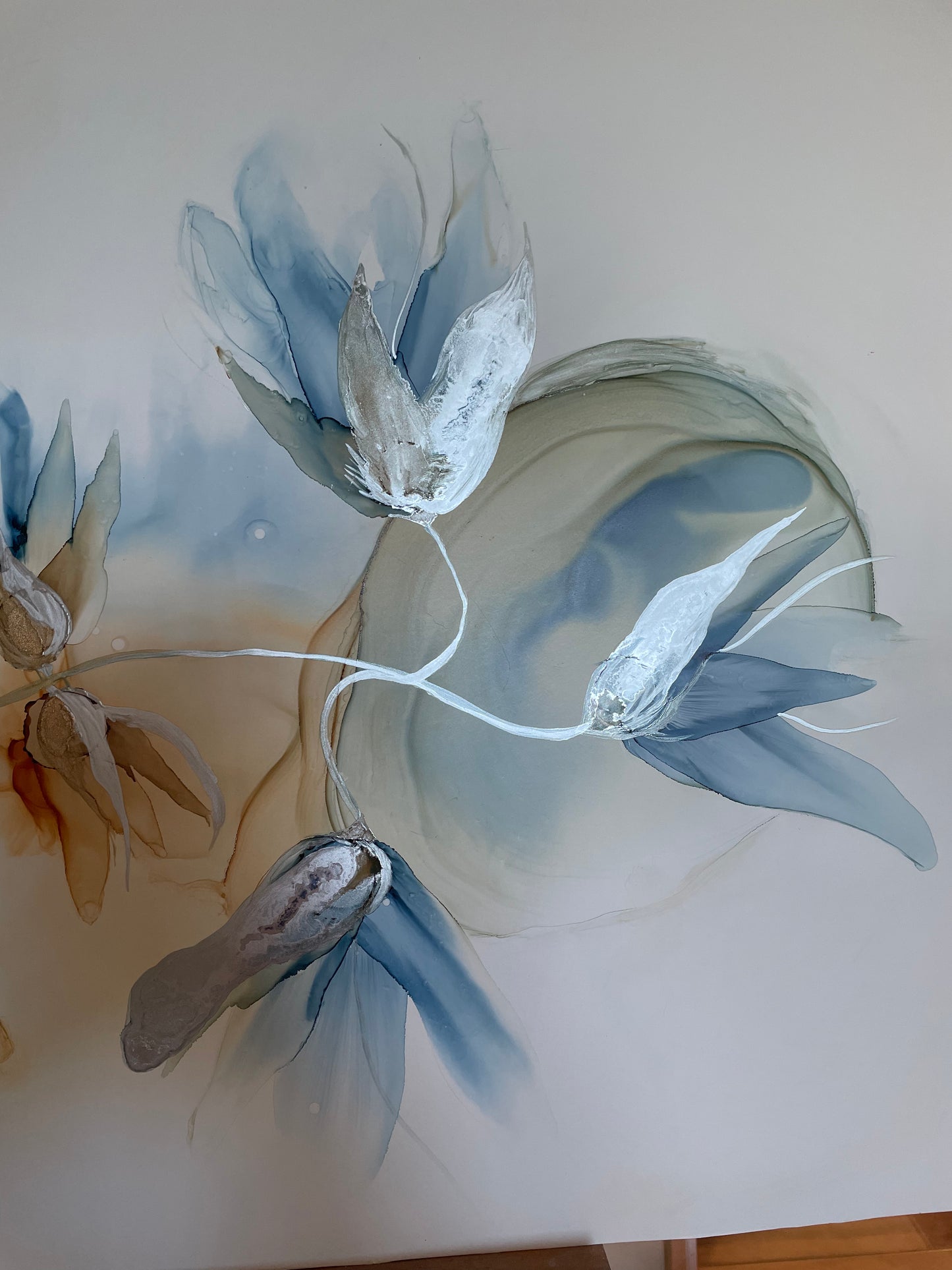 Fire and Ice - Original floral alcohol ink flowers in copper and blue.