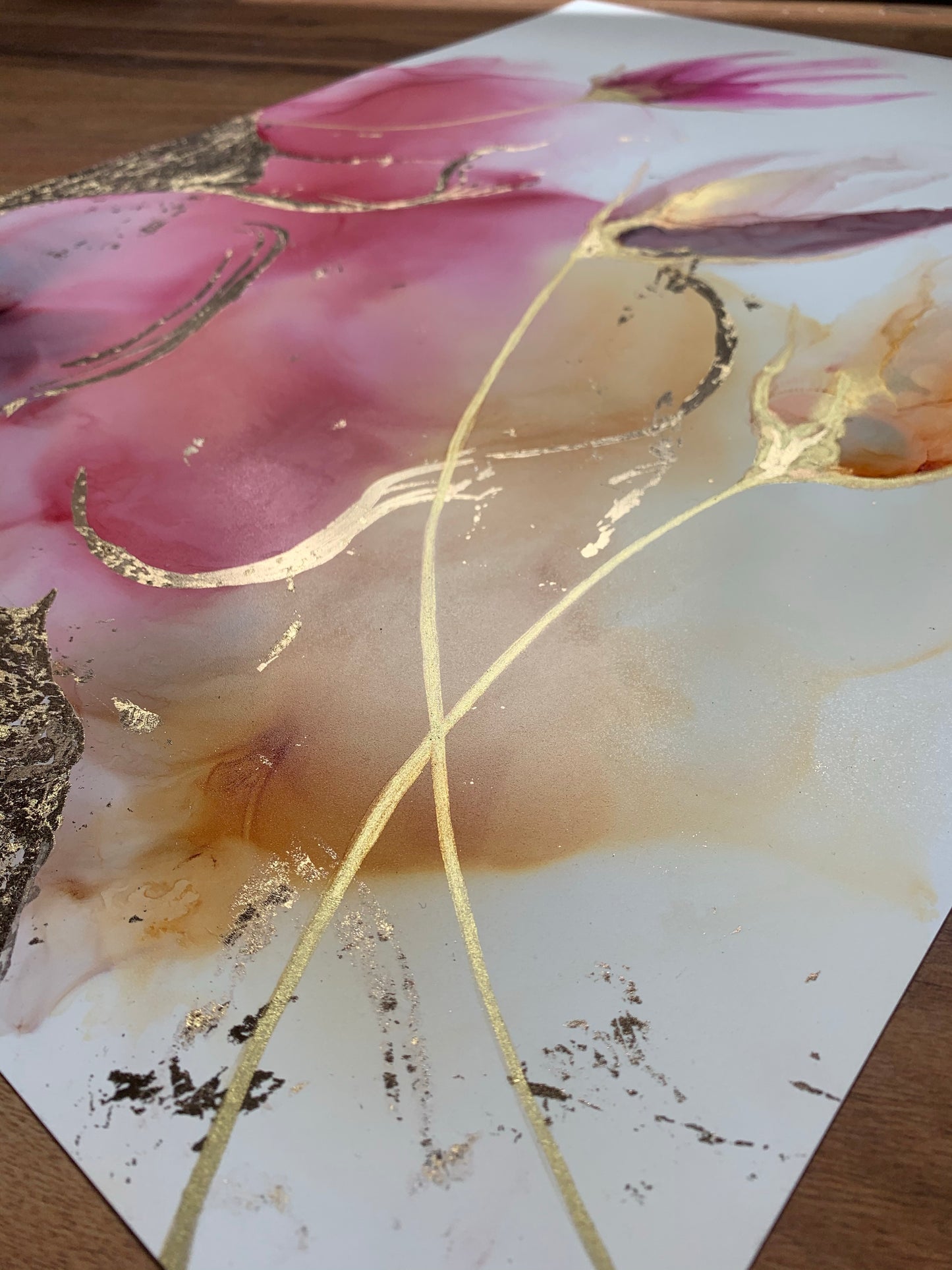 The Golden Hour - original floral alcohol ink painting with gold leaf.
