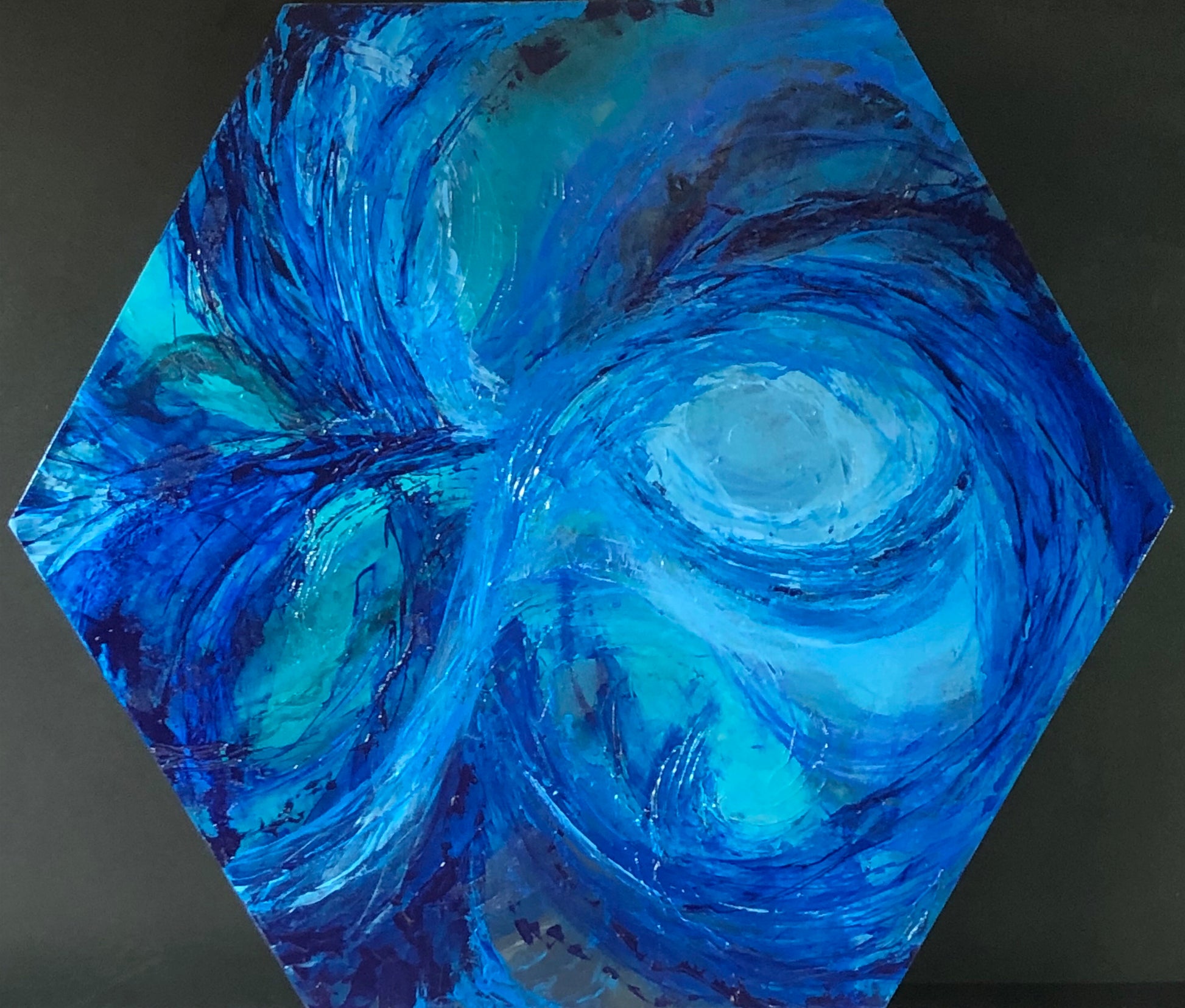 Abstract painting on hexagonal canvas | Blue abstract art. - Aesthetic Alchemy Art